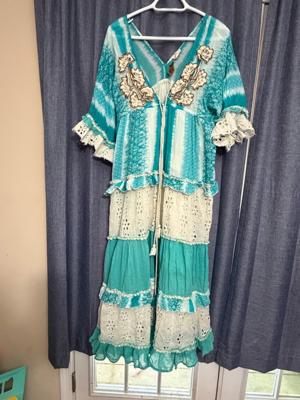Boho Teal & Cream Tiered Maxi Dress with Lace Accents OS NWT
